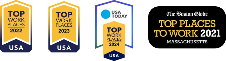 top work places by usa today 2022-2024 & boston globe top places to work 2021